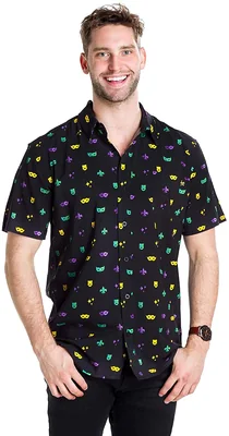 Tipsy Elves Men's Mardi Gras Button Down Shirt - Hawaiian Mardi Gras Party Shirt Male