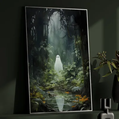 Ghost Forest Poster, Cute Ghost print Dark Academia Gothic home Decor Goth Decor