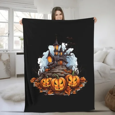 Halloween Pumpkin Bat Spell Haunted House Fleece Blankets