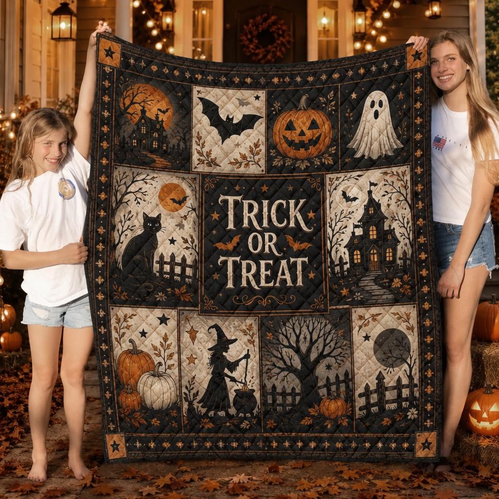 Halloween Ghost Pumpkin Quilt Blanket, Spooky Patchwork, Black Cat Autumn Quilt, Cozy Fall Home Decor, Halloween Gift