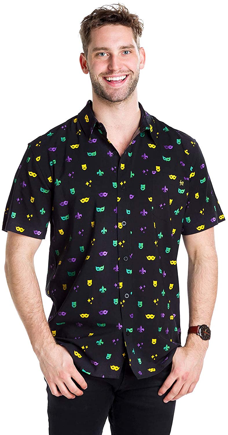 Tipsy Elves Men's Mardi Gras Button Down Shirt - Hawaiian Mardi Gras Party Shirt Male