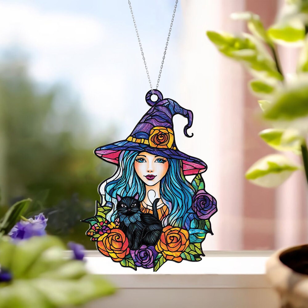 Cat Witch Halloween Window Hanging Suncatcher Ornament, Halloween Cat Witch Ornament, Witches Hanging Ornament Halloween Decor