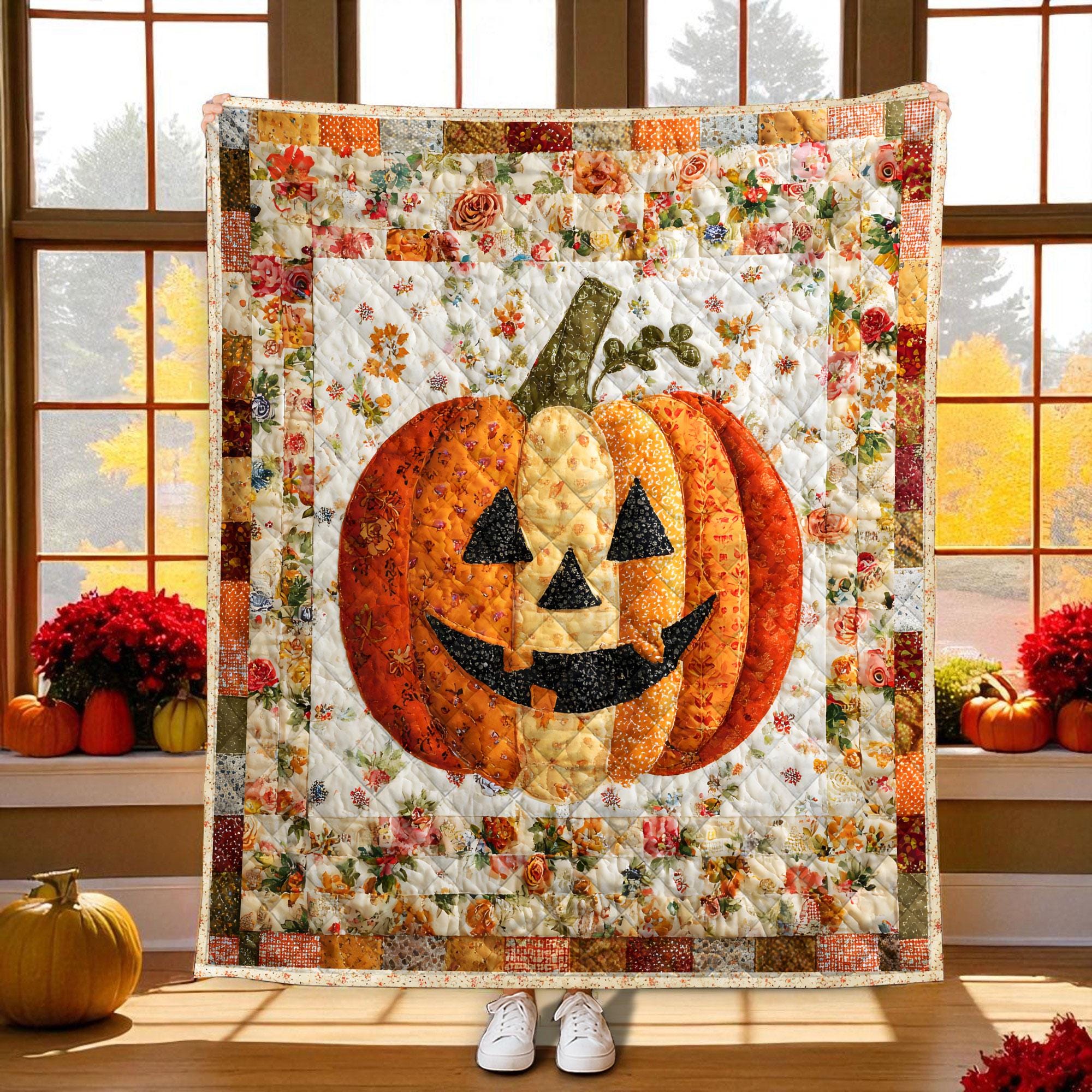 Autumn Pumpkin Quilted Blanket, Fall Quilted Blanket Cozy Fall Decor, Autumn Cottagecore Blanket, Pumpkin Aesthetic, Halloween Blanket